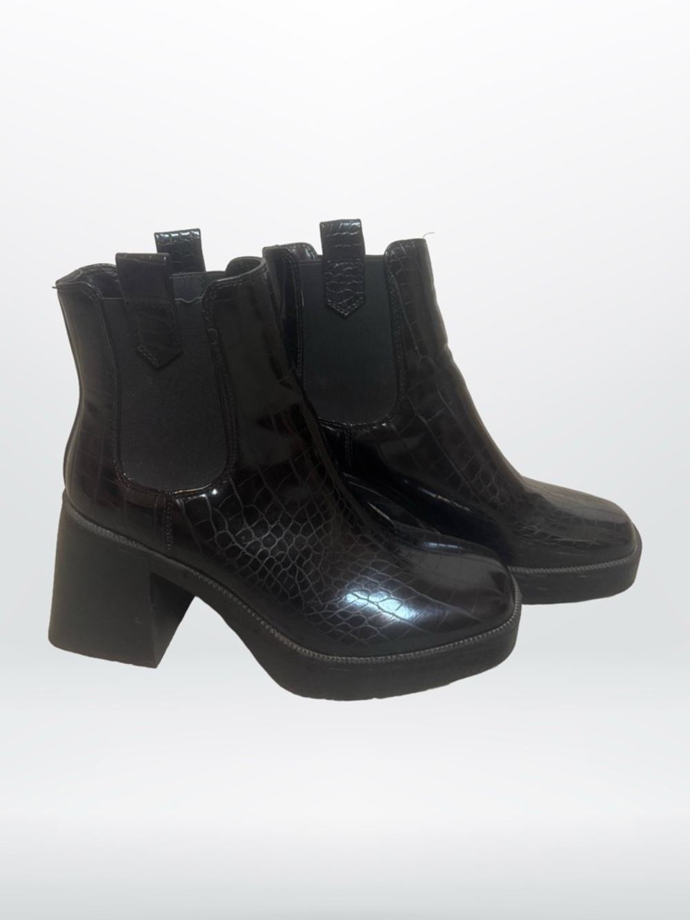 London Rebel Black Crocodile Pull On Platform Boots Chunky Heel Size 38 US 7